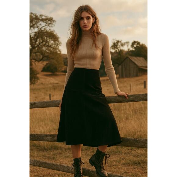 Marlynn Traditions Ltds Suede Leather Skirt Black Midi SZ10 A-Line - Picture 1 of 11